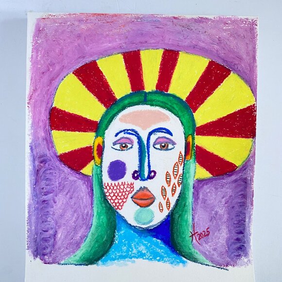 Halo Portrait Original Colorful Oil Pastel Drawing Wall Art 11x14in Matted - Picture 4 of 7